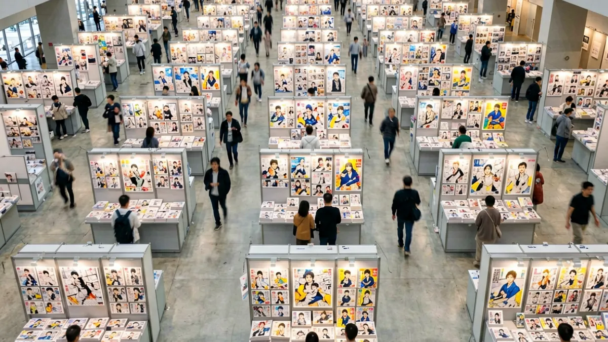 成人漫画 - 日本同人志即卖会现场场景示意图，展示大量创作者摆摊展示漫画作品的热闹氛围