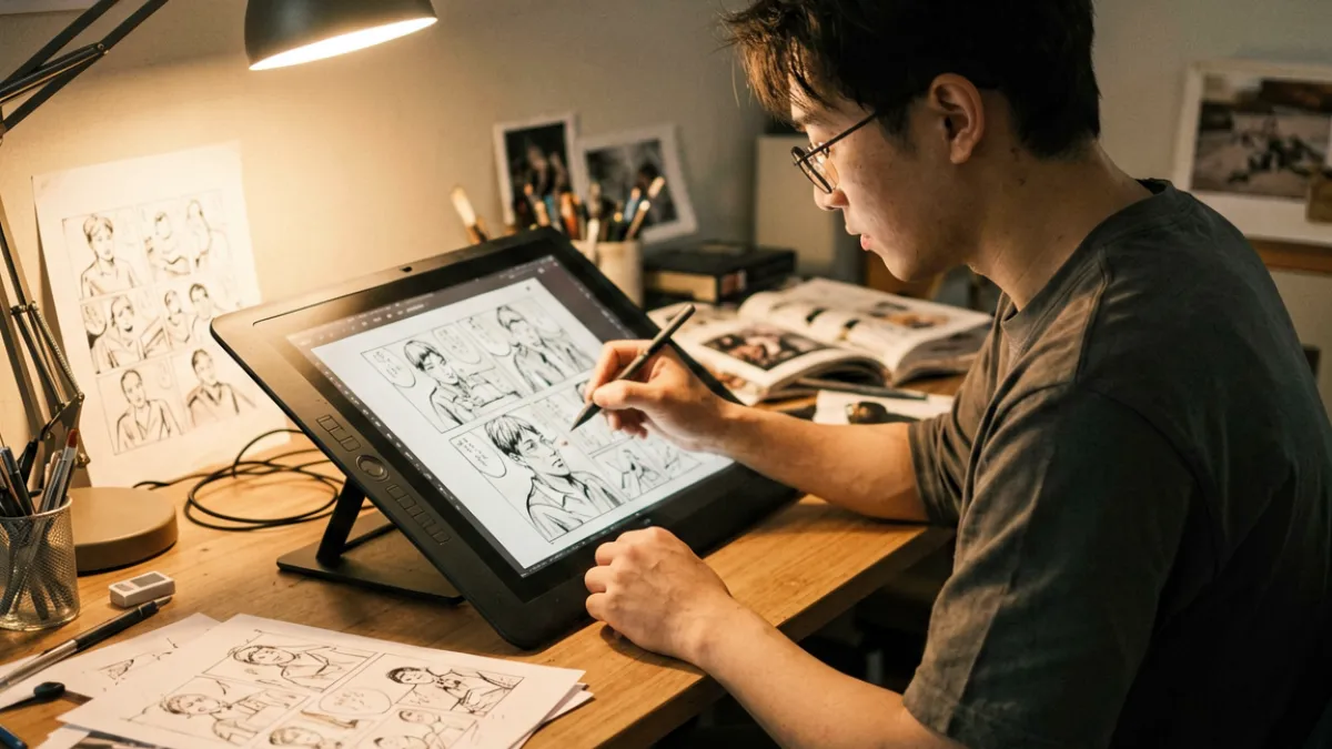 成人漫画创作者在绘图板前创作新连载，工作台上摆放着分镜草稿与参考资料