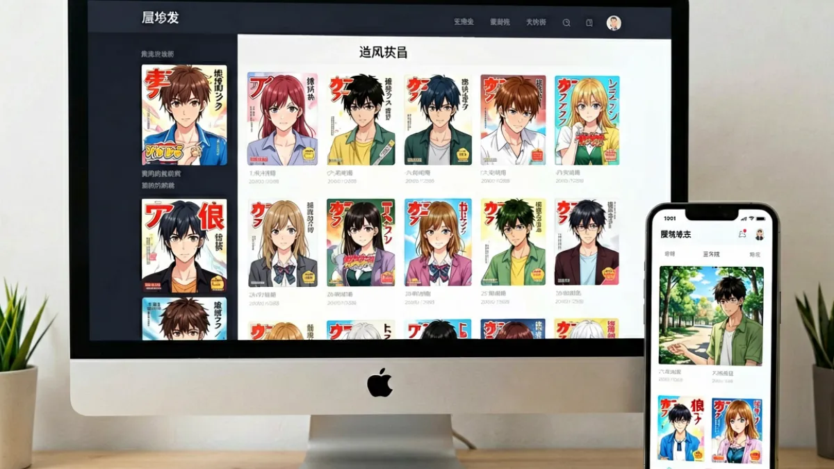 多个成人漫画阅读平台并排展示在电脑与手机屏幕上，对比界面风格与内容封面
